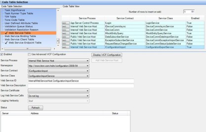 The web service table option selected on the code table selection tab.